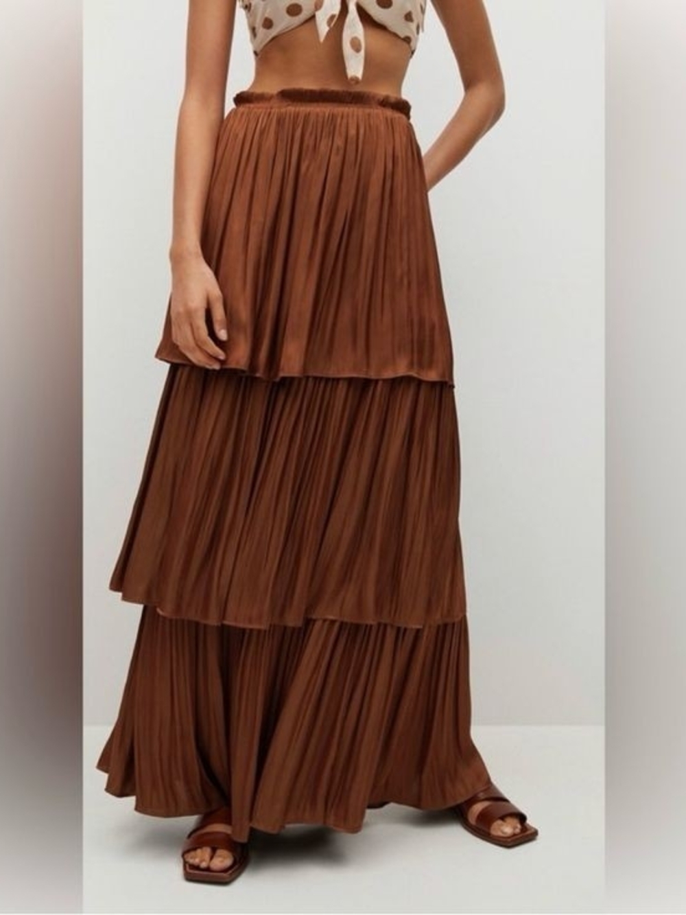Mango Rust Brown Ruffled Satin Maxi Skirt